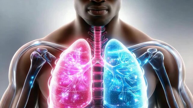 Medical animation showing the healing process of inflamed lungs, with the color changing from red, indicating infection or disease, to blue, signifying recovery and healthy breathing