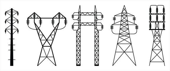 Collection Of Different High Voltage Electricity Transmission Towers power pylon