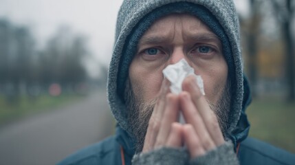 Man walking outdoors while feeling unwell during a cold morning in a park