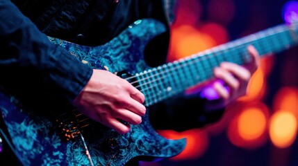 Obraz premium Musician plays guitar at a live concert surrounded by bright lights