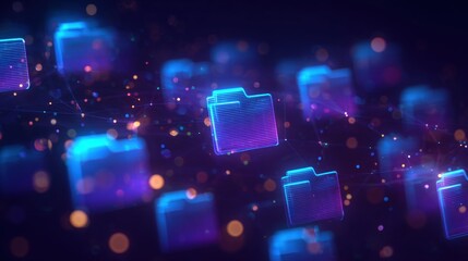 Abstract network grid with files and folders, futuristic software interface, digital document management system, store, search and organize documents, corporate business, paperless office	
