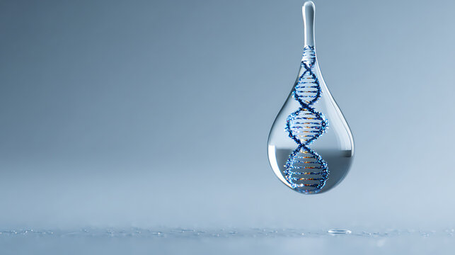3D rendering of transparent water drop shaped like DNA double helix molecule structure representing genetics biotechnology and life science research