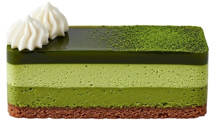 A rectangular matcha green tea mousse cake with multiple layers and a chocolate base, topped with two dollops of white cream.