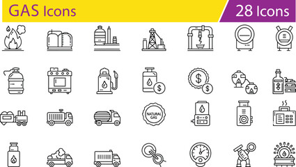 Oil and gas industry icons set, energy production symbols, fuel transport and refinery tools, black and white vector illustration