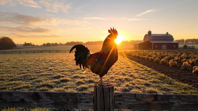 Majestic Rooster Greets Sunrise Over Dew-Kissed Farm