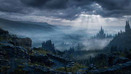 Dark Fantasy Kingdom with Misty Mountains and Dramatic Light