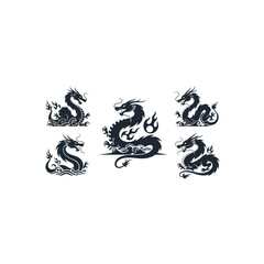 Five tribal dragon silhouettes decorative vector design.