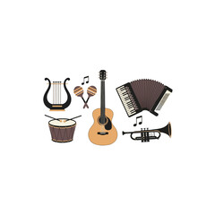 Collection of musical instruments including guitar harp drum accordion trumpet.