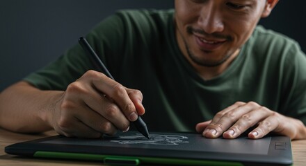 Digital artist using a stylus on a drawing tablet, creating art in a modern and professional way.Concept of digital creativity and technology in art.