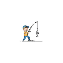 Cartoon boy fishing with rod and fish.