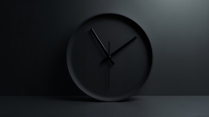 Sleek black clock on dark background with spotlight