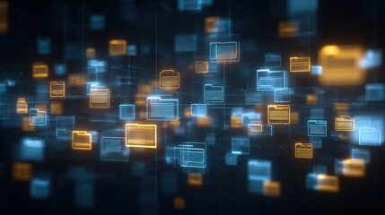 Abstract network grid with files and folders, futuristic software interface, digital document management system, store, search and organize documents, corporate business, paperless office	
