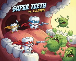 cartoon shows super teeth in a mouth scene fighting off bacteria. The teeth are equipped with toothbrushes and guns. It aims to teach children about dental health.