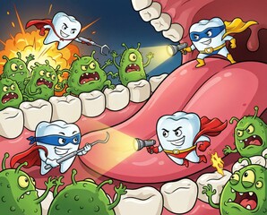 Cartoon characters representing teeth act as superheroes fighting off germs in a colorful mouth setting. This scene teaches children the importance of dental hygiene in a fun way.