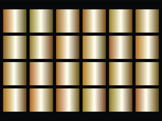 Large collection of luxury metallic gold and silver gradient swatches grid on black background