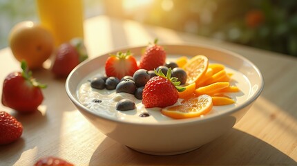Delicious fruit salad in a bowl with yogurt on a wooden table