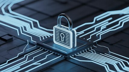 Glowing neon blue digital padlock icon sitting on a futuristic central processor chip.