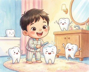 child in pajamas smiles while brushing teeth with cartoon teeth in the bathroom. Several cheerful teeth dance around the child creating a fun setting at bedtime.
