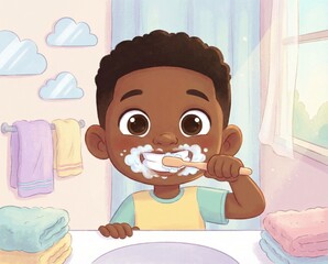 young child stands in a bright bathroom and brushes their teeth with a toothbrush. The child has foam on their mouth and is smiling. Colorful towels hang nearby.