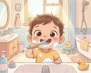 child enjoys brushing teeth in a bathroom. The space features a mirror sink and rubber toys. The boy smiles while foam covers his mouth and toothbrush.