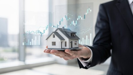 Businessman holding a realistic model house in his hand with a futuristic holographic financial chart overlay.