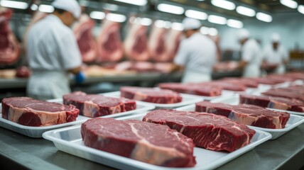 Food factory worker in a white coat and apron cutting fresh raw red meat steaks on a stainless steel table.