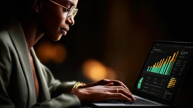 Focused Analysis: A Professional Engages with Dynamic Data Visualization on her Laptop, Highlighting Trends and Insights through Modern Analytics Tools in a Dimly Lit Environment