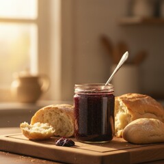 Jar of Dark Red Berry Jam With Freshly Baked Bread Rolls and Spoon on Wooden Cutting Board with Soft Window Light