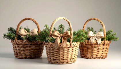 Three Wicker Baskets with Festive Evergreen Branches and Gold Bows