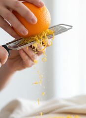 Close up of hands zesting a bright orange with a metal grater creating fine citrus strands in natural light