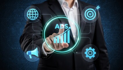 Businessman in a dark suit touching a futuristic holographic interface with the text "ADS" and a rising bar graph.