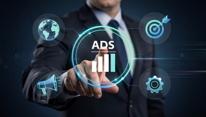 Businessman in a dark suit touching a futuristic holographic interface with the text "ADS" and a rising bar graph.