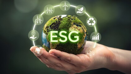 Human hand holding a globe made of green moss and earth with glowing "ESG" text in the center.