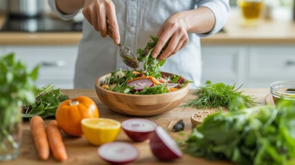 The scene features fresh organic ingredients like leafy greens, red onions, and carrots.