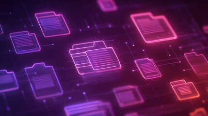 Abstract network grid with files and folders, futuristic software interface, digital document management system, store, search and organize documents, corporate business, paperless office	
