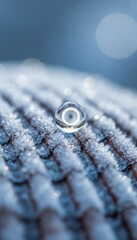 Close Up Macro Shot of a Single Water Droplet Resting on Frost Covered Roof Shingles on a Cold Winter Morning with Soft Bokeh Background