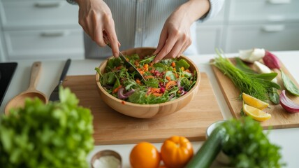 The scene features fresh organic ingredients like leafy greens, red onions, and carrots.