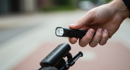 Person installing a powerful LED flashlight on the handlebars of a bicycle for nighttime visibility.Concept of cycling safety and accessory installation.