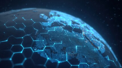 Futuristic Earth Globe with Digital Hexagonal Grid and Bright Connectivity Lines Depicting Technology and Cybernetic Network on Dark Background