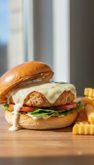 Delicious Turkey Burger With Melted Cheese Lettuce Tomato and Creamy Sauce Served With Golden French Fries on Wooden Table Natural Light