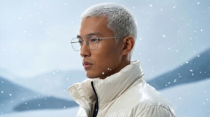 Asian model stand outside in a winter landscape with snow falling around them. He wear stylish winter clothing. The mountains form a backdrop.