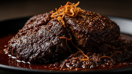 A dramatic close-up of a perfectly caramelized Rendang slow-cooked beef in coconut milk and spices with meat falling apart garnished with fried shallots in dark moody lighting.