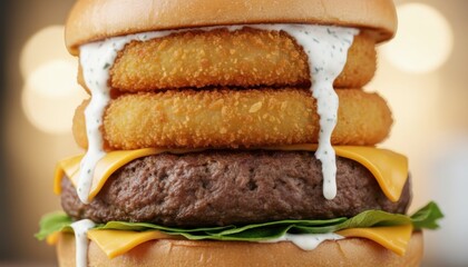 Gourmet Burger Stacked High With Crispy Onion Rings Melted Cheese and Creamy Sauce on a Toasted Bun