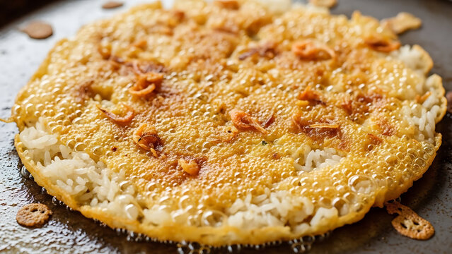 Detail shot of the golden, bubbly surface of a Kerak Telor spiced omelette with sticky rice being prepared on a traditional street food pan