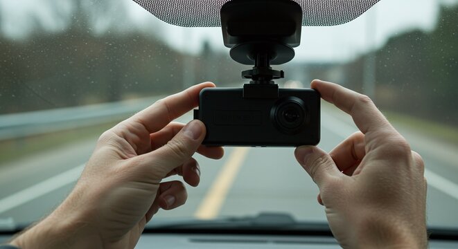Person installing a modern dashcam on the windshield of a vehicle, for video recording and driving safety.Concept of vehicle technology and safety.