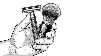 Hand holding vintage safety razor and shaving brush, black and white illustration.