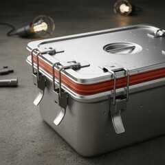 Silver Metal Lunch Box with Red Seal and Metal Clasps on Concrete Surface with Industrial Light Fixtures in Background