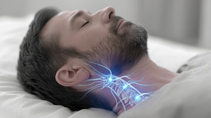 Man with glowing spinal nerves in neck, showcasing medical innovation and human anatomy, resting on bed, futuristic health concept and wellness determination