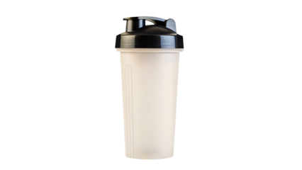 Clear plastic shaker bottle with black screw on lid and flip top for mixing protein powder or supplements ,isolated on transparent background