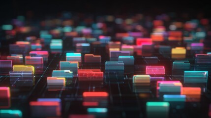 Abstract network grid with files and folders, futuristic software interface, digital document management system, store, search and organize documents, corporate business, paperless office	
